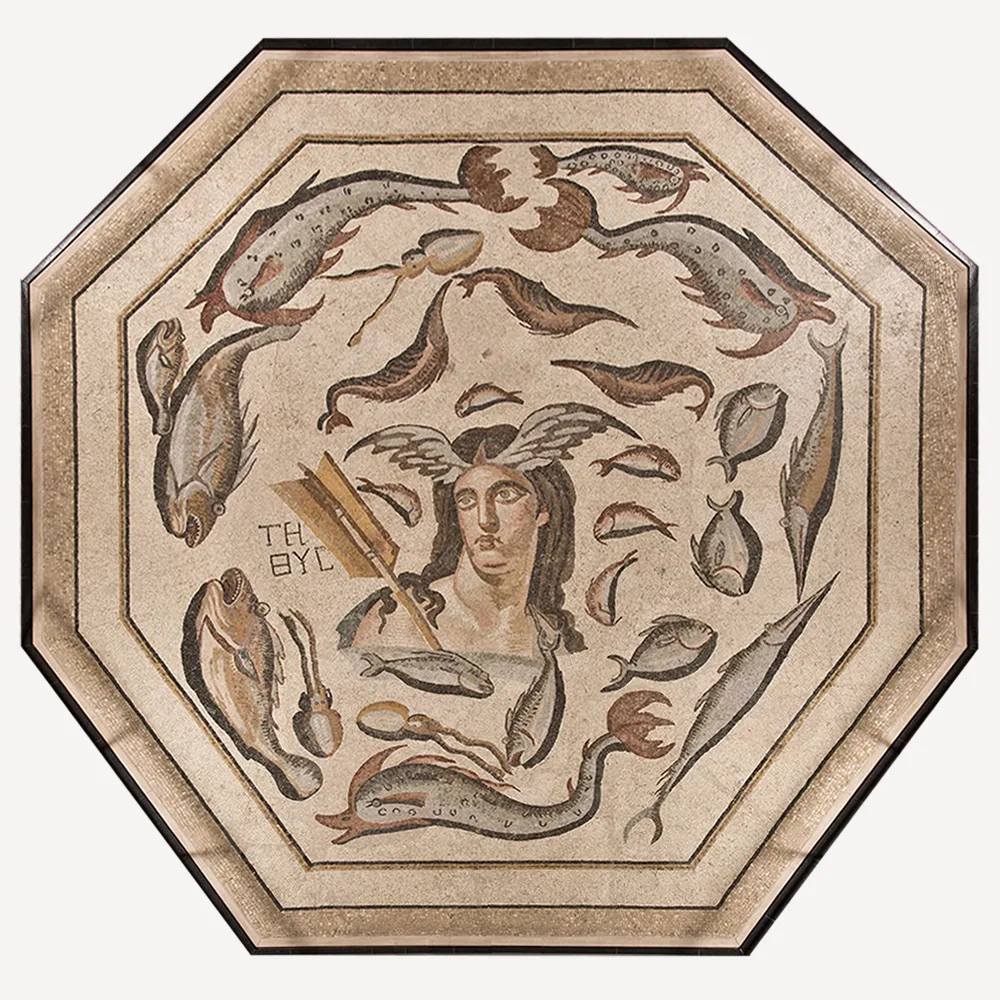 Octagonal Tethys mosaic showing the sea goddess with winged brows surrounded by fish, sea creatures, and marine symbols
