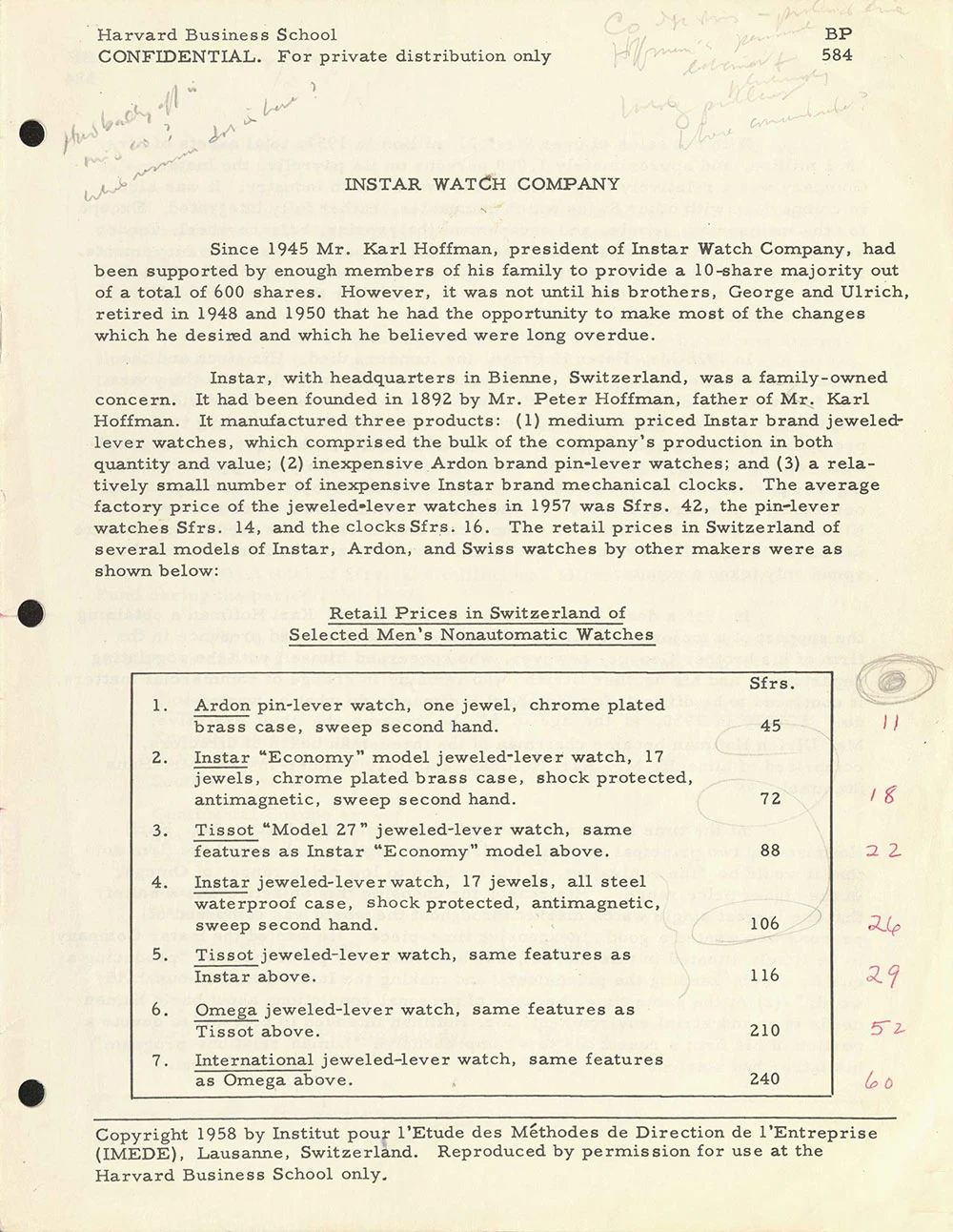 Annotated first page of Instar Watch Company