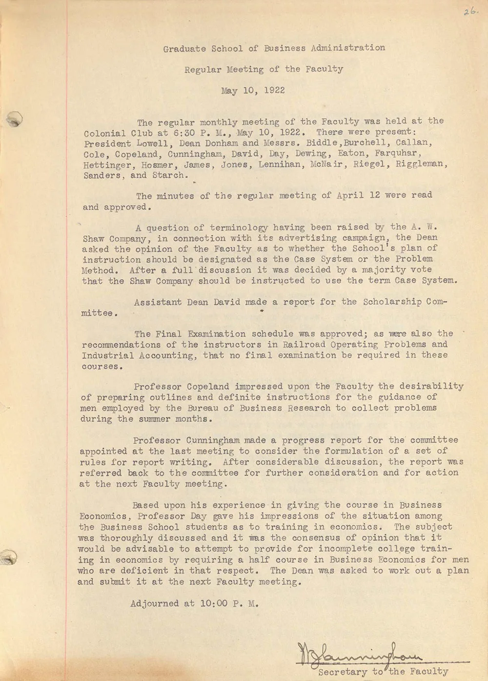 Faculty meeting minutes from May 10, 1922