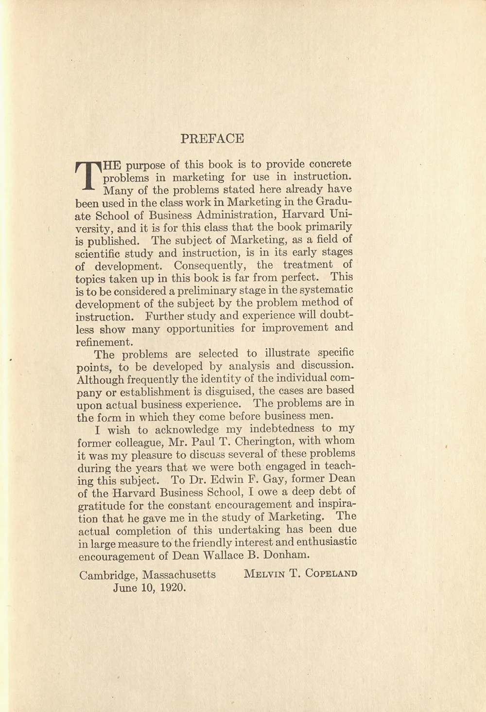 The preface page for Melvin T Copeland's "Marketing Problems"