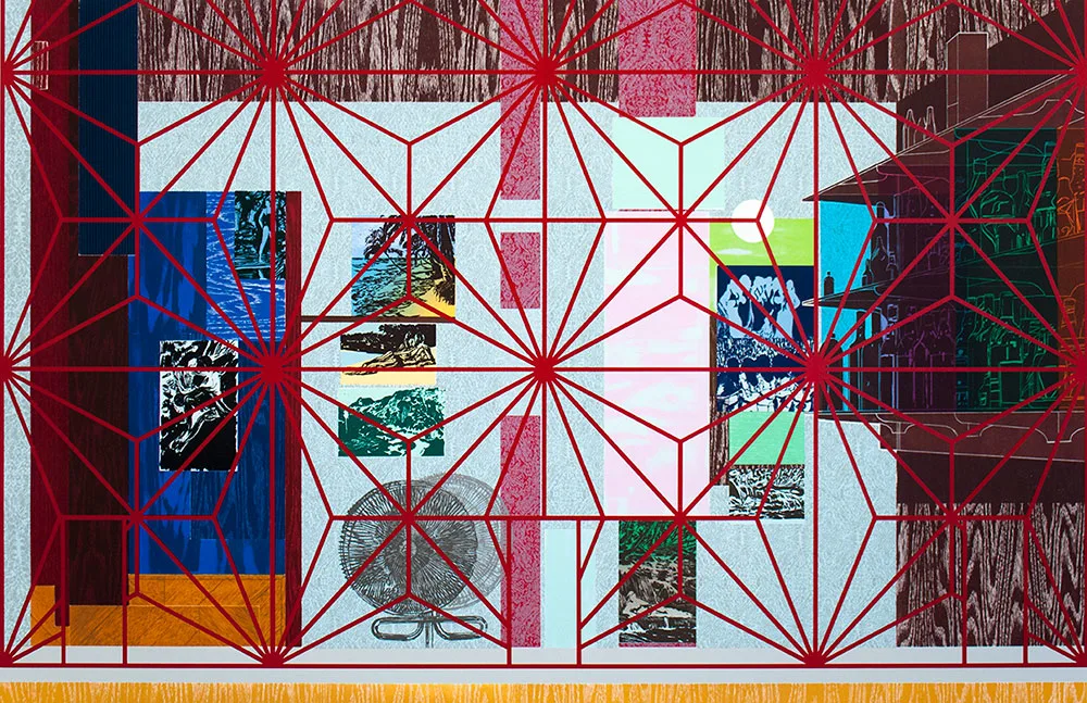 Red security grille overlays fragmented tropical scenes, abstract textures, and architectural imagery in a layered composition.
