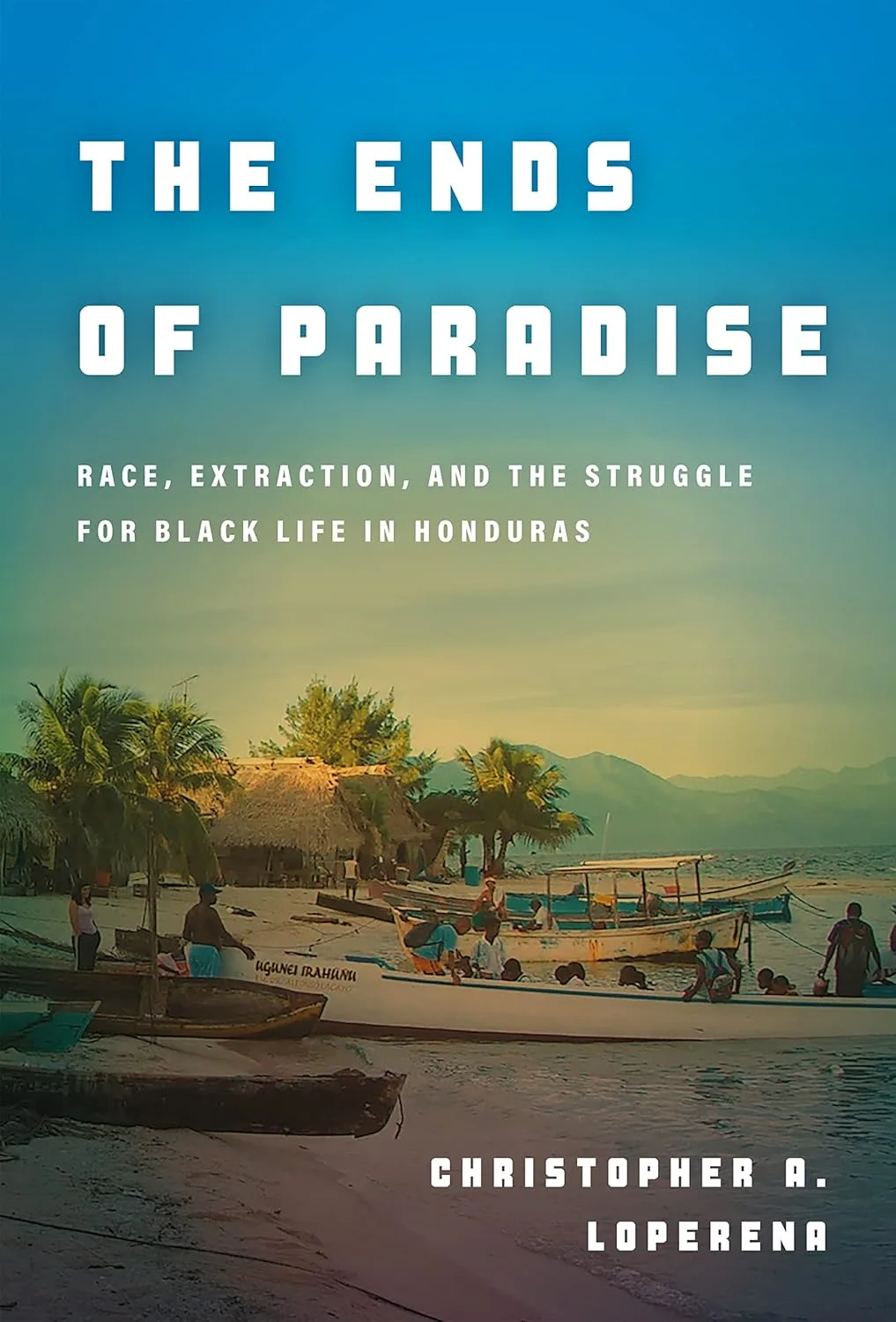 Book cover with the background of boats on a tropical beach