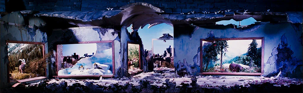 Photograph of a decaying diorama room with nature scenes overtaking ruined museum displays.