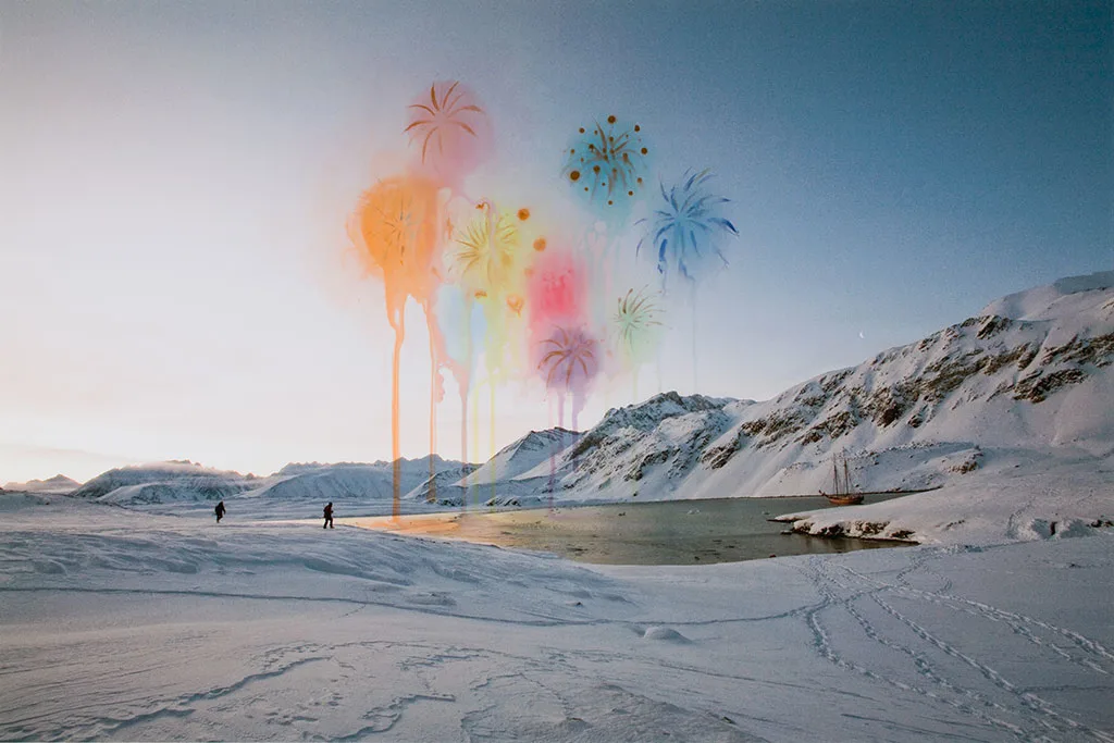 Arctic landscape with snowy mountains and added colorful ink fireworks above a frozen bay.