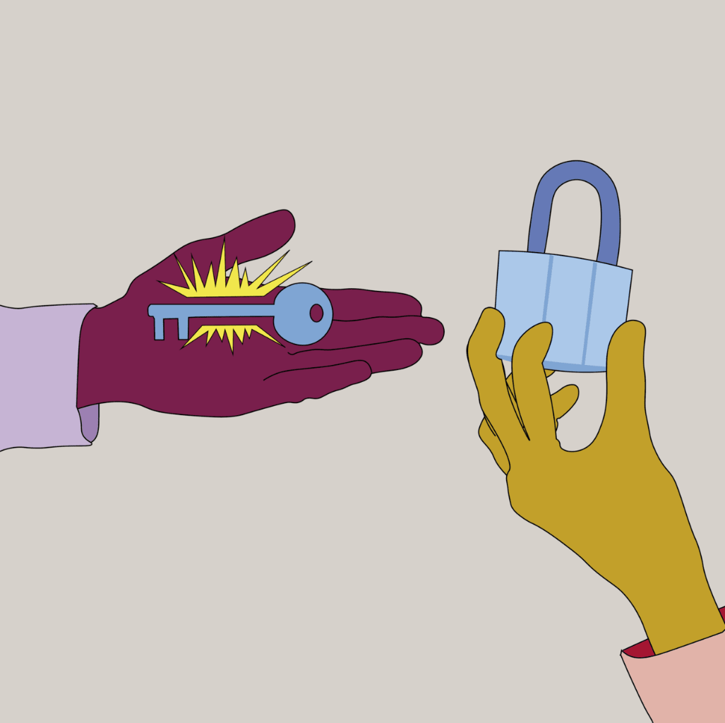 The first panel of a 3 panel comic. Panel 1: startup founder presents a key to a buyer holding a lock. 