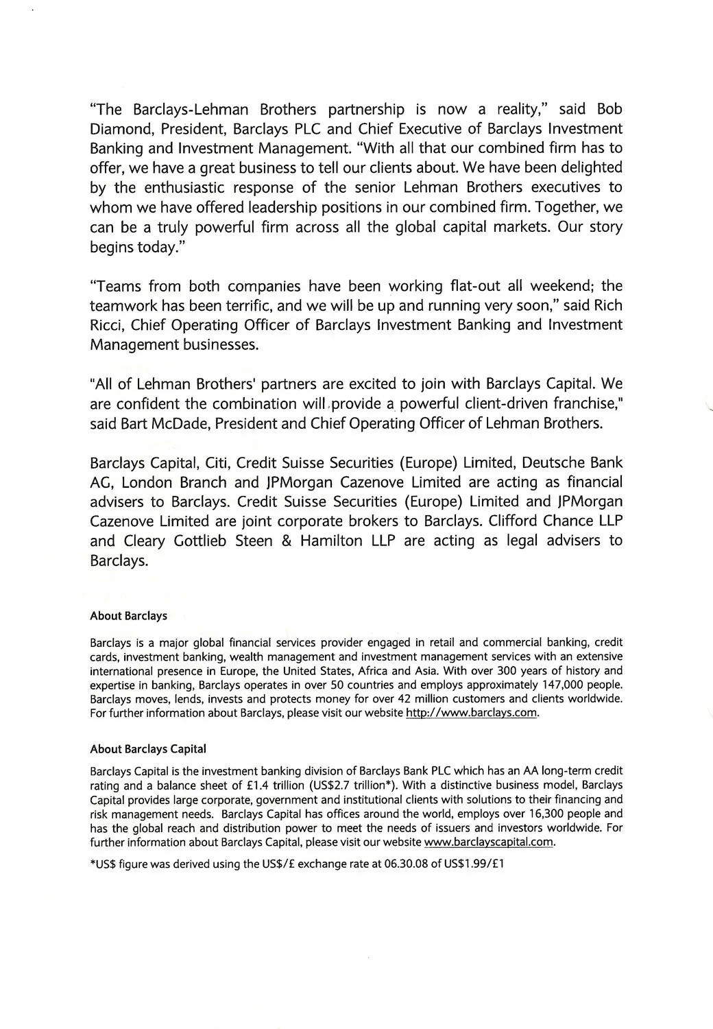 Barclays Group. Press Release, September 22, 2008. Barclays Group Archives.