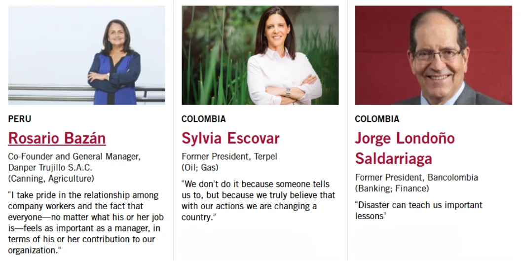 Three Latin American business leaders with quotes: Rosario Bazán (Peru), Sylvia Escovar (Colombia), Jorge Londoño Saldarriaga (Colombia).