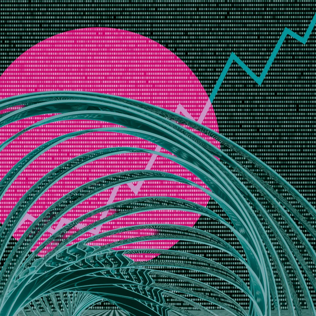 Abstract image with teal curved bands layered across the foreground. A large pink circle and a zigzag line appear against a black background filled with a grid of small teal dots.