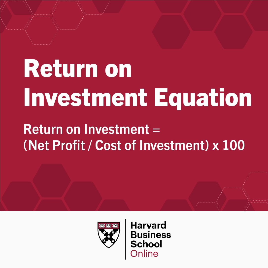 Return on Investment equation: net profit divided by cost of investment multiplied by 100