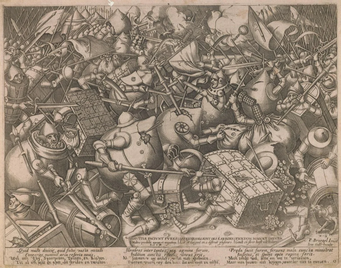 Engraving of soldiers with the bodies of money bags and chests fighting