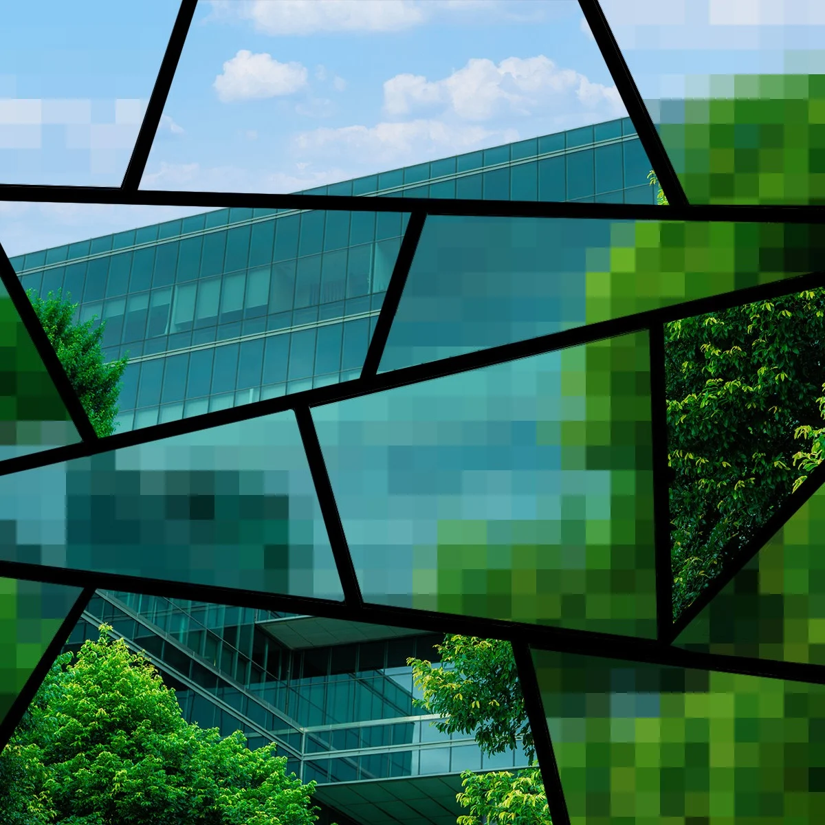 Semi-pixelated glass building surrounded by trees.