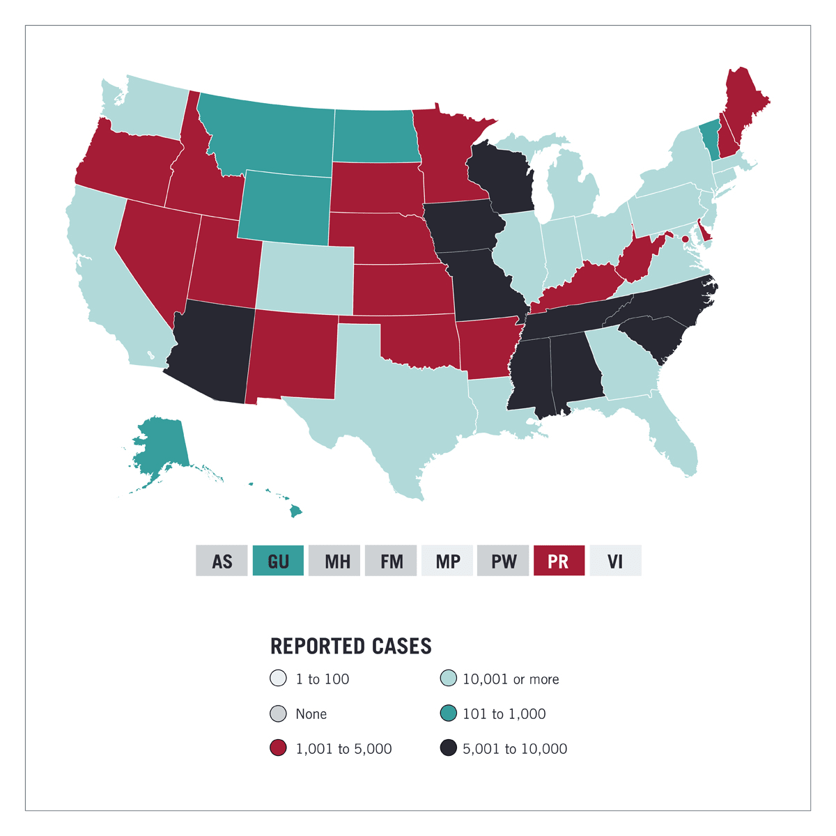 map chart showing virus infection rates in the United States; darker shades indicate more cases, while lighter shades indicate less