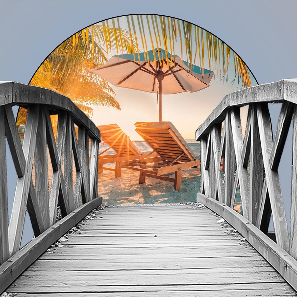 Wood stairs in gray leading to colorful beach scene. 