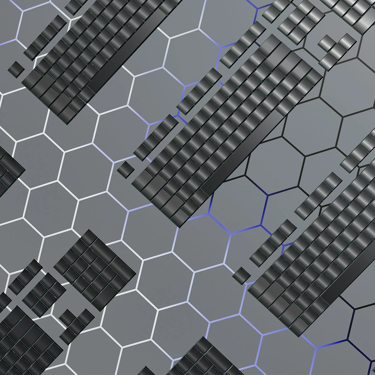 Keyboards artfully floating against a pattern of hexagons that are gray.