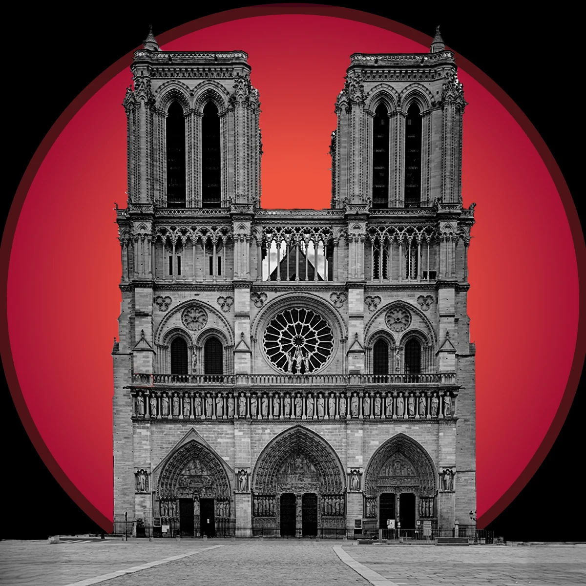 Facade of Notre-Dame cathedral in black and white against a red backdrop. 