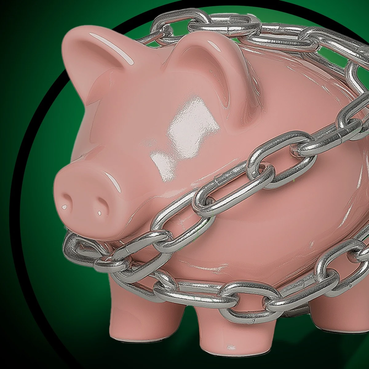 Piggy bank with chain around it. 