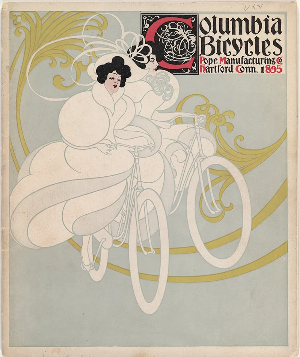 Art Nouveau-style drawing of woman in white with bicyle on blue background