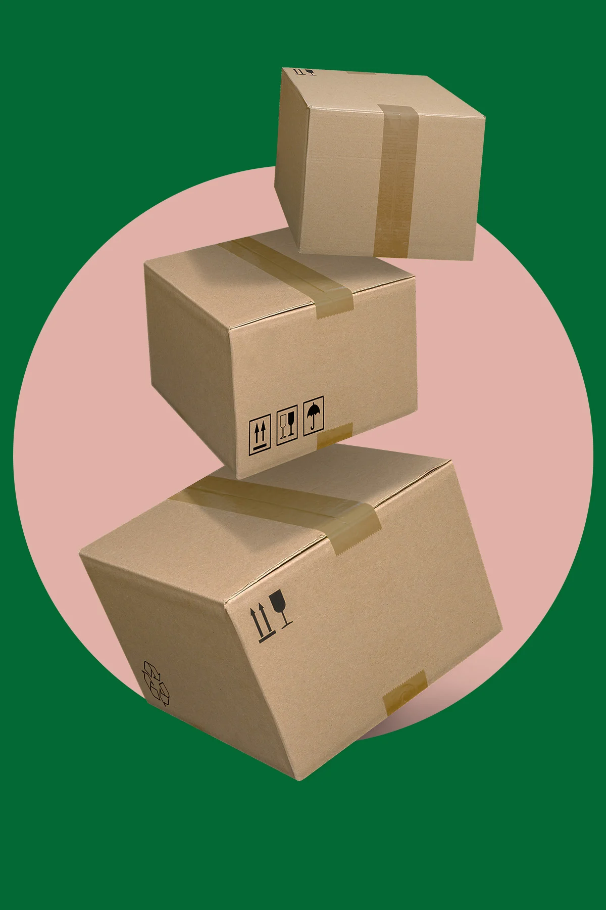 Photo illustration of brown cardboard shipping boxes falling against a peach-colored circle. 