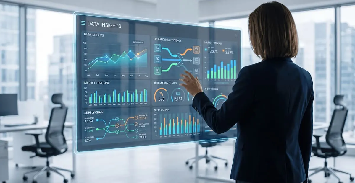 Woman at board with forecasting graphs digitally on it.  