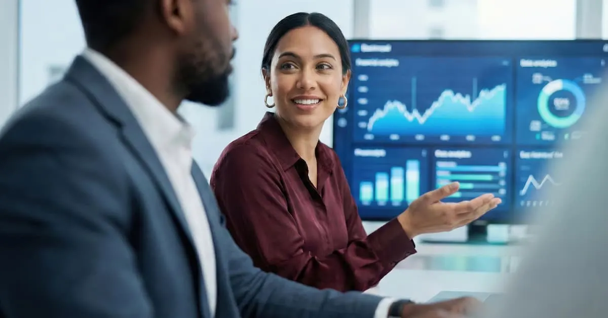 Two business professionals discussing data visualizations displayed on a computer dashboard.