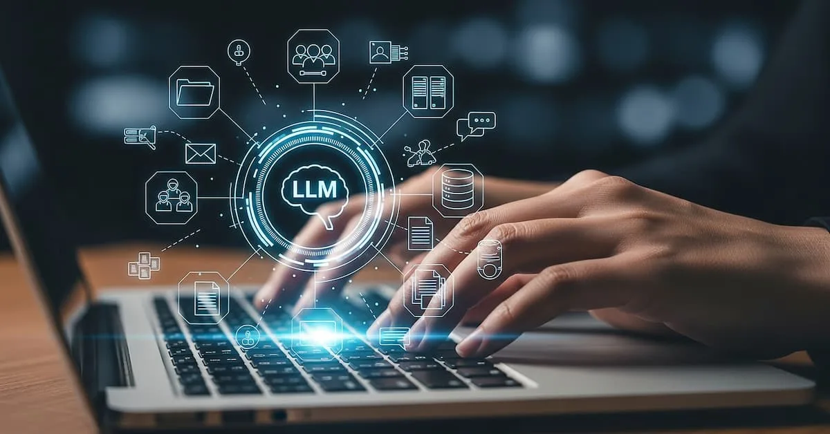 Hands typing on a laptop with a digital illustration representing a large language model (LLM) and connected AI functions.