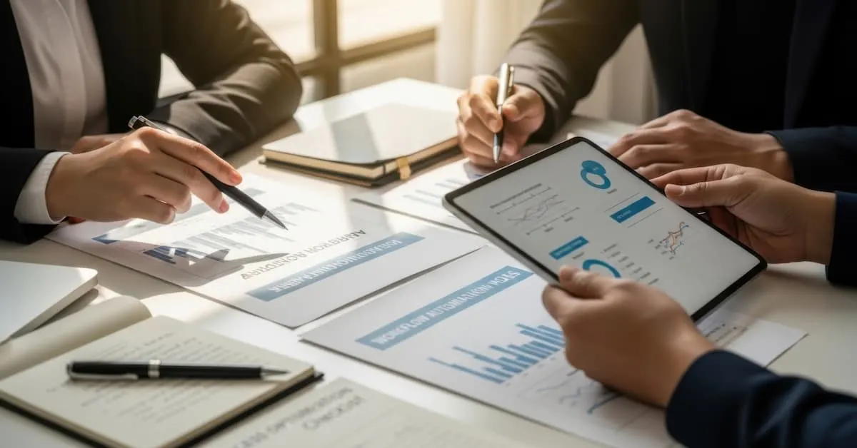 Business professionals reviewing charts and analytics reports during a data-driven decision-making meeting.