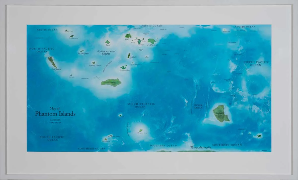 Conceptual world map showing fictional “phantom islands” once falsely recorded on historical maps.