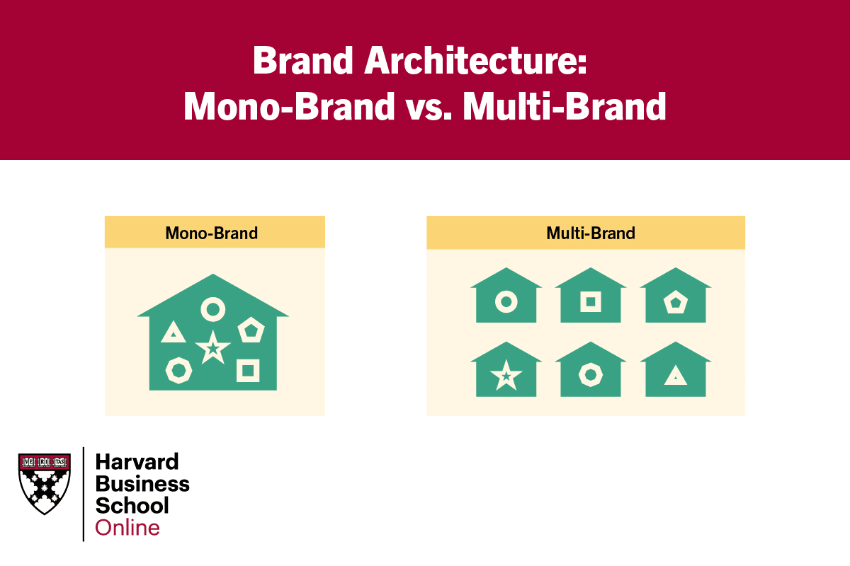 A custom graphic showing what a mono-brand structure looks like with one house for all the brands versus a multi-brand structure where names and identities separate the house of brands