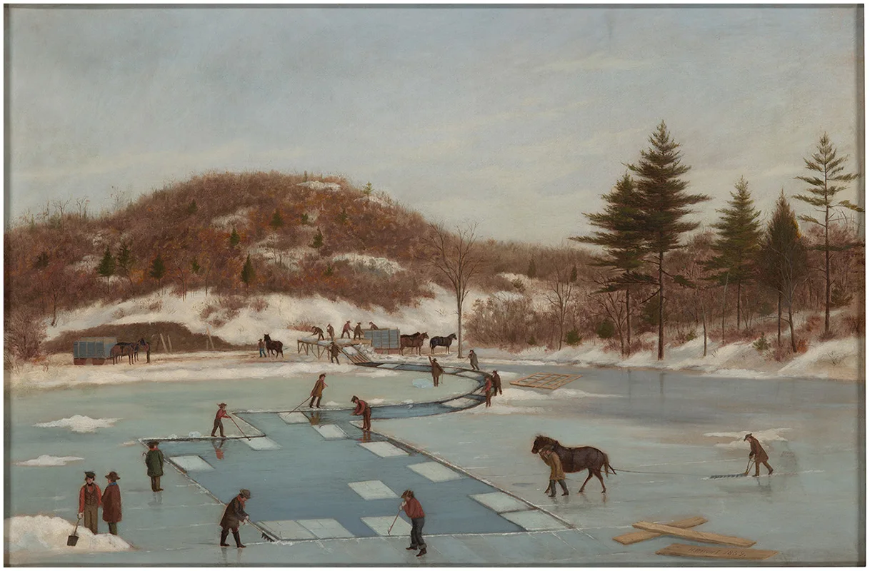 Painting of workers and horses harvesting ice blocks from a frozen pond surrounded by snowy hills and trees; Cutting Ice at Spy Pond by Henry P. Hunt, HBS Arts and Artifacts Collection