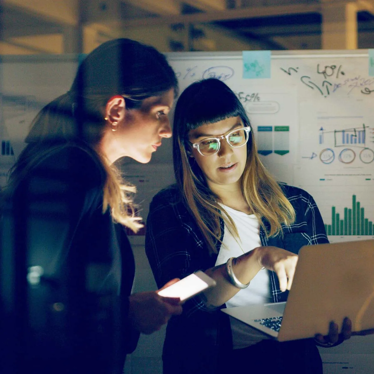 Female executives collaborate around a laptop with a marked up whiteboard in the background