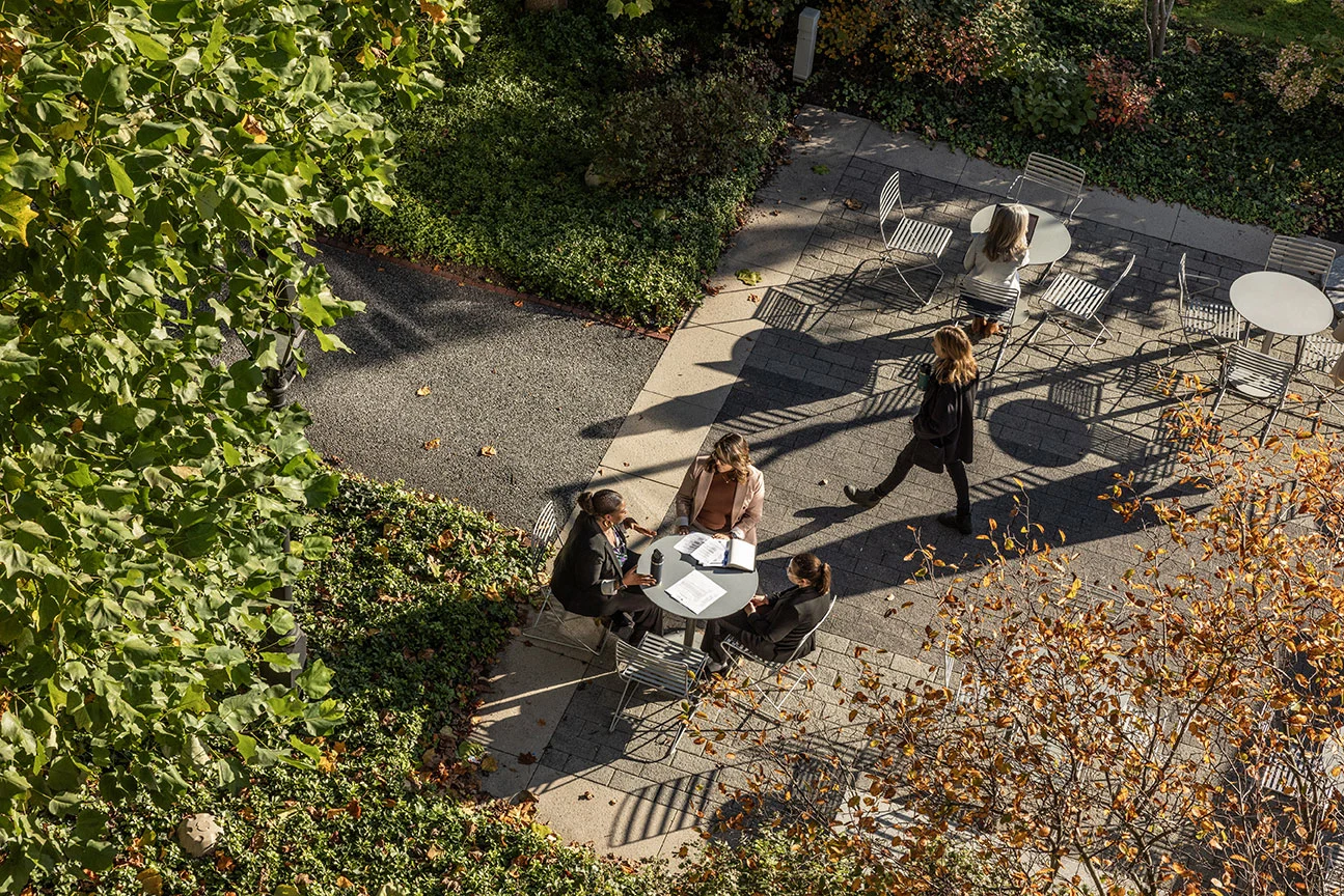 Students relaxing in a leafy outdoor plaza reviewing notes at a table