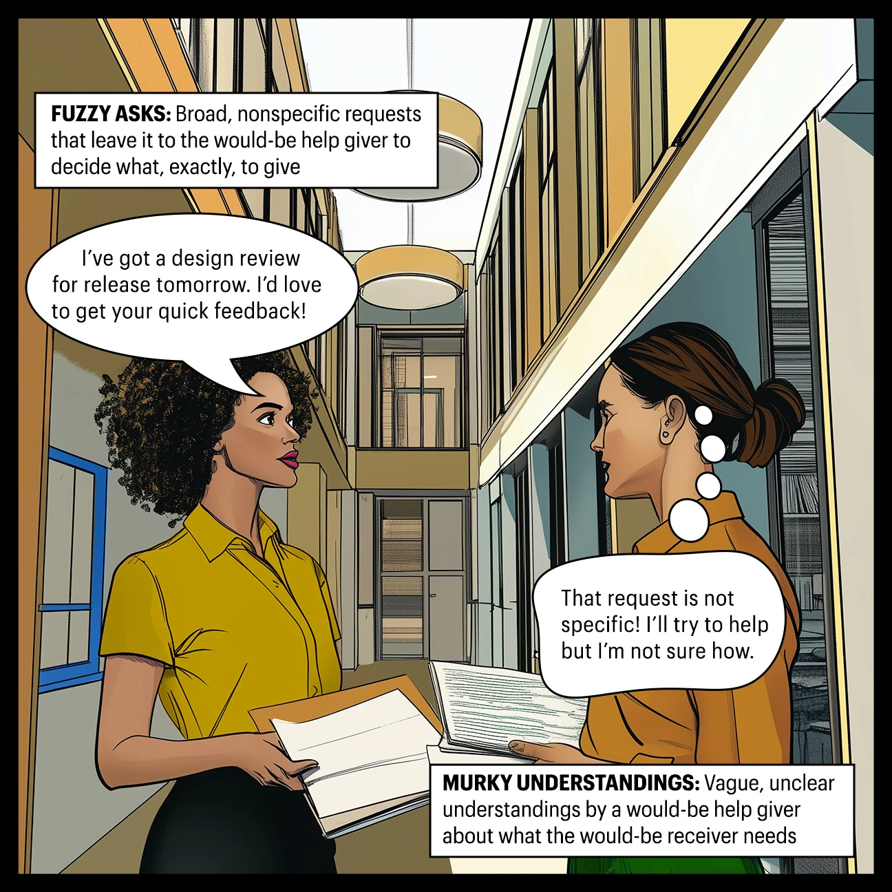 Comic of two women in an office setting talking demonstrating what happens when requests for help aren't specific. 