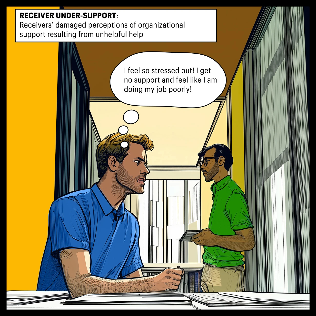 Comic of two men talking in an office. One feels under-supported. 