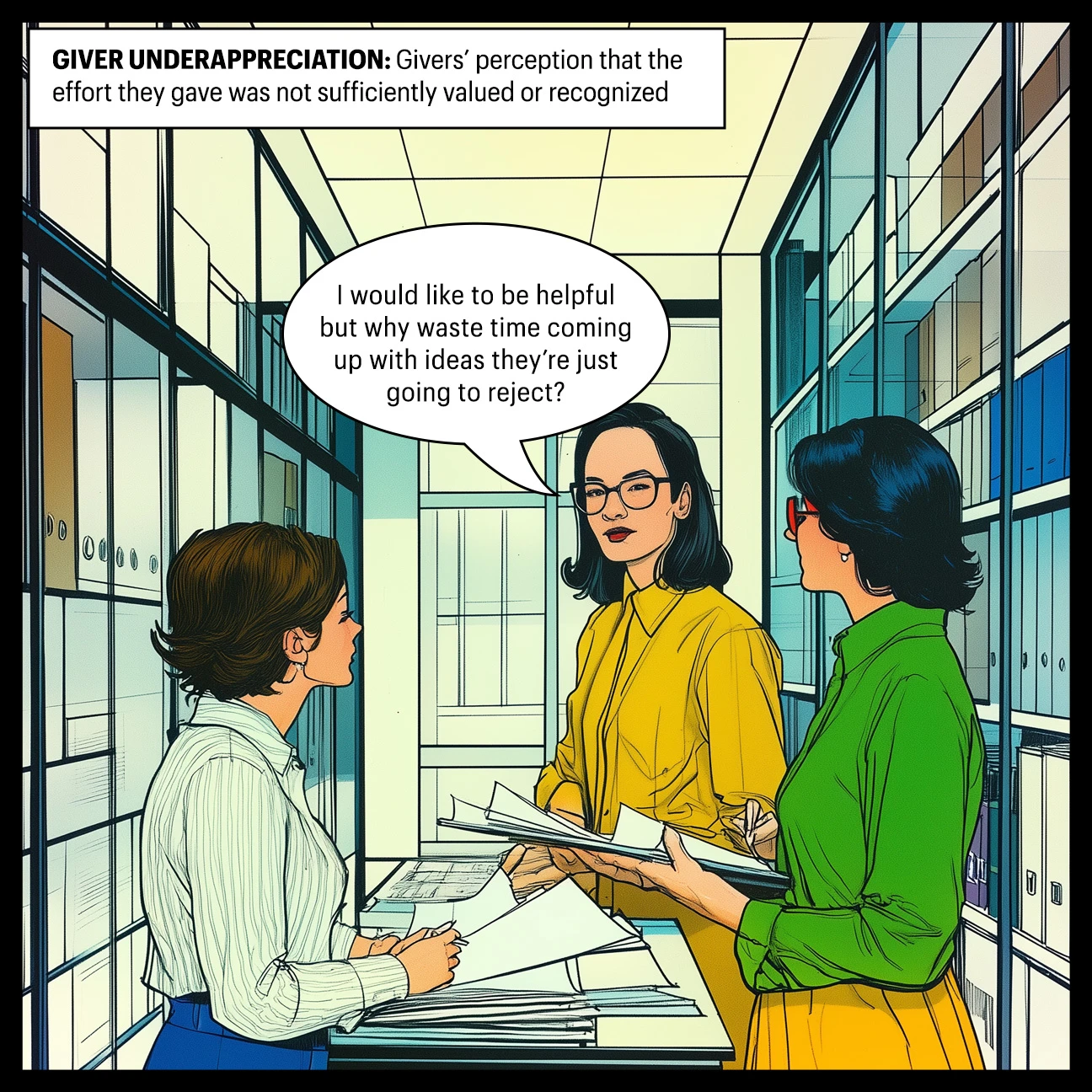Comic of three women in an office. One feels that their advice wasn't appreciated. 
