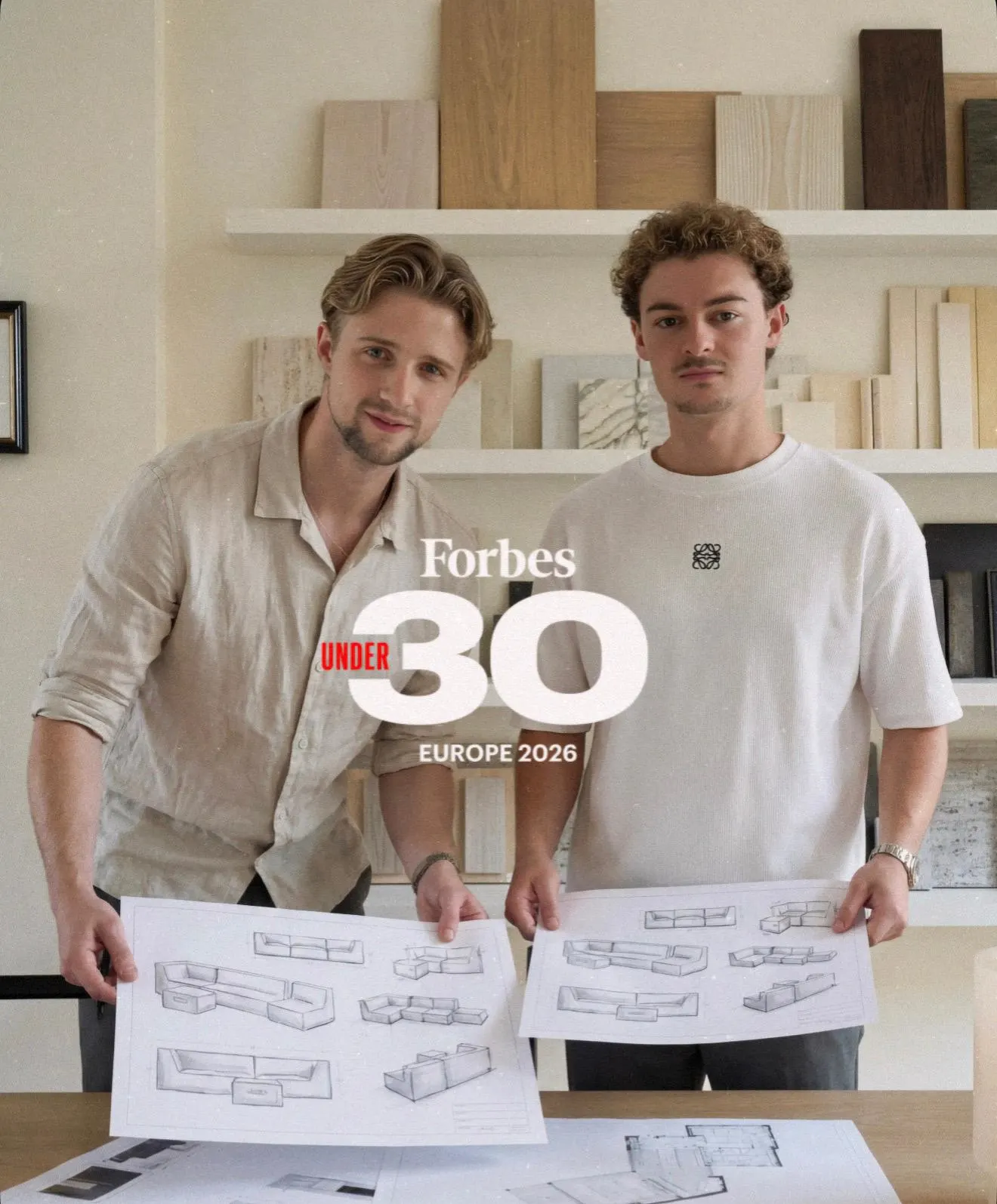 Thomas Vagalis and August Callsen holding furniture design sketches after being named to Forbes 30 Under 30 Europe 2026.