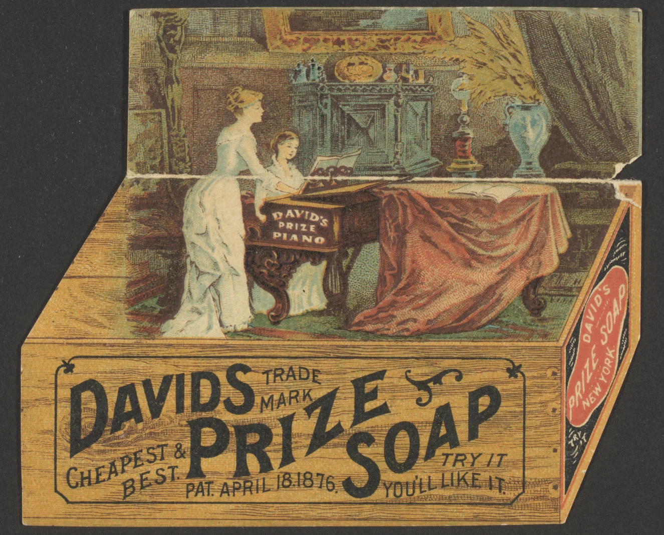 Drawing of two women in Victorian dress at a piano with Davids Prize Soap label beneath