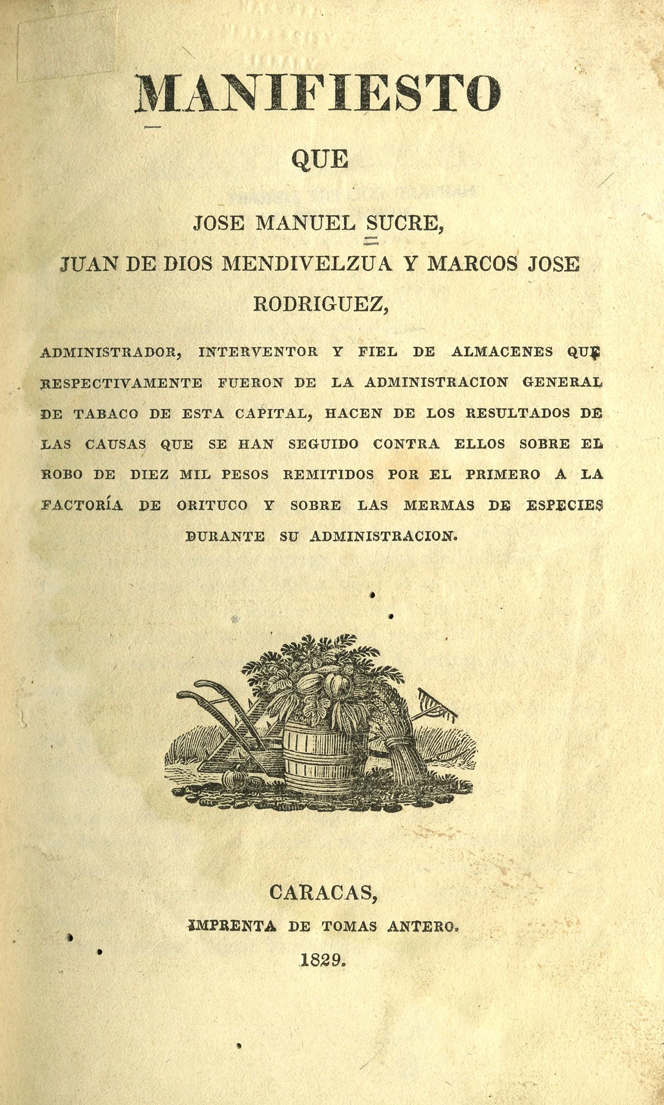 Title page of manifesto with imprint of bucket full of harvest