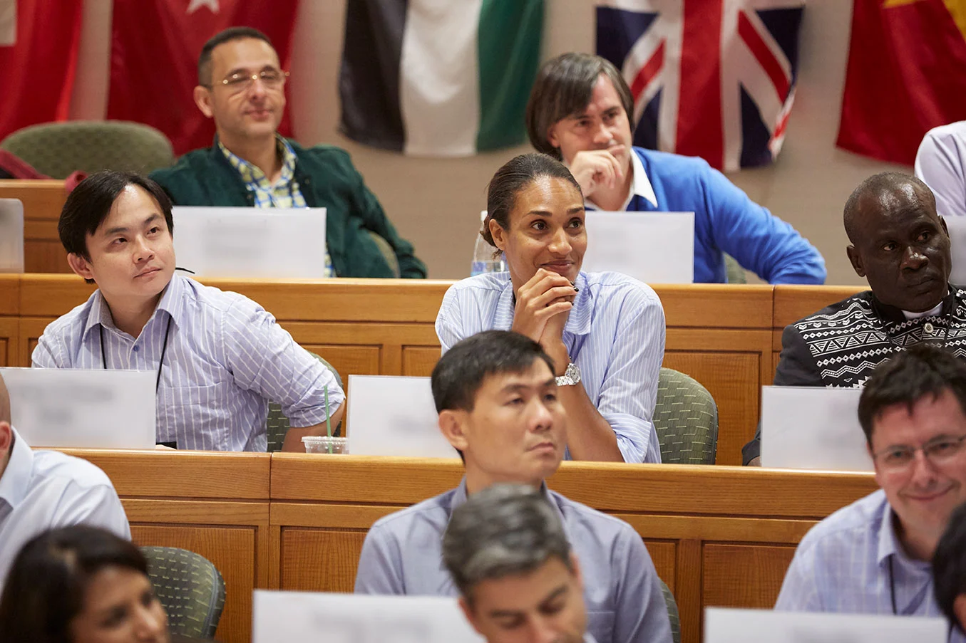 Diverse group of executives sit in a classroom while listening to a lecture with country flags in the background