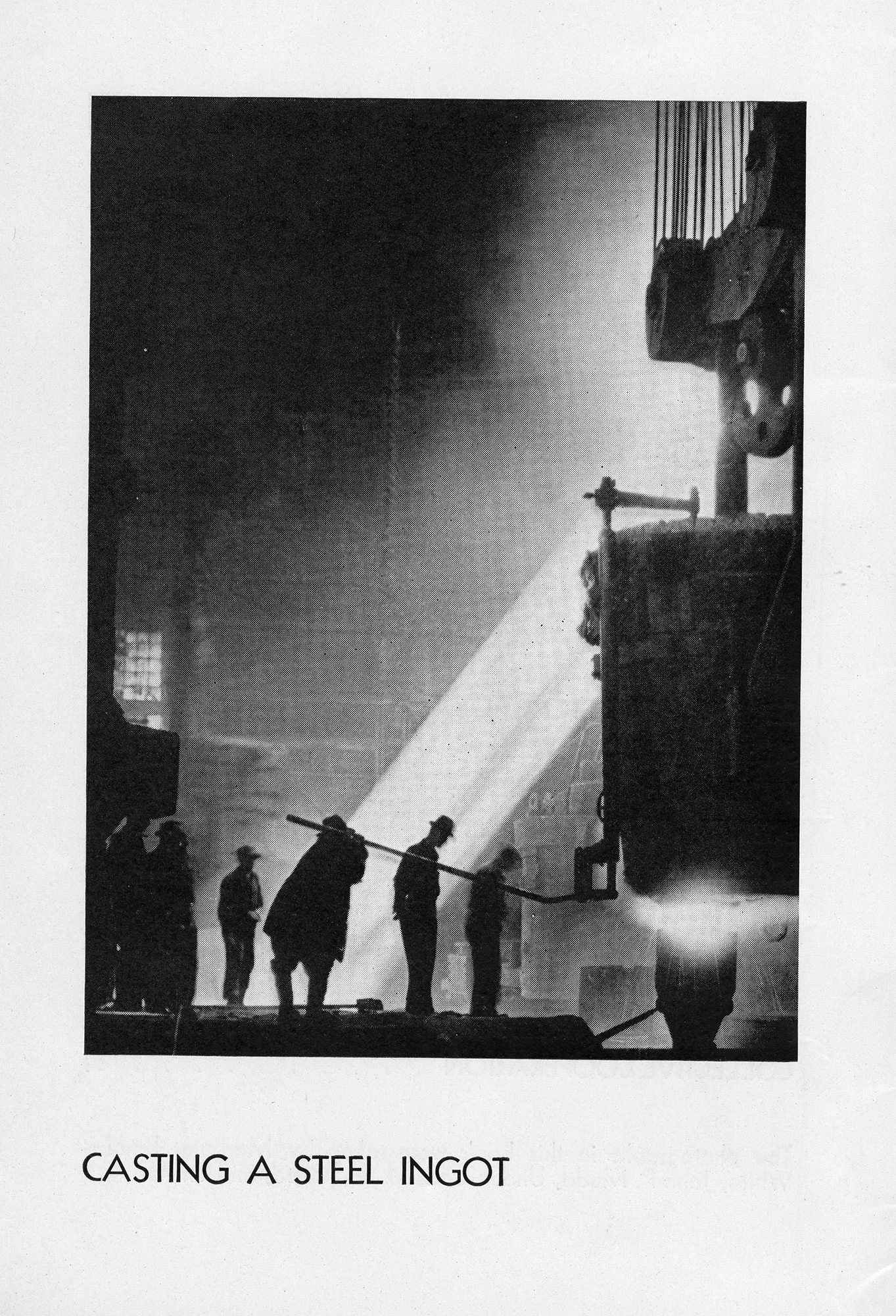 Workers silhouetted against glowing light while casting molten steel into an ingot mold inside a steel mill.