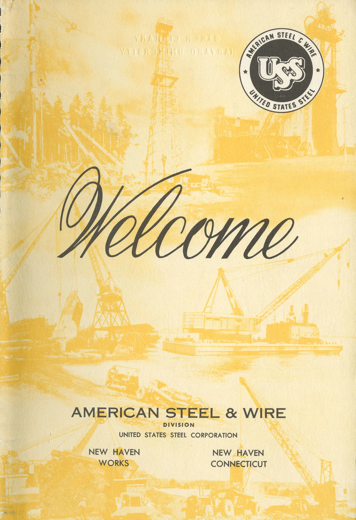 Welcome brochure cover for American Steel & Wire, U.S. Steel Division, featuring industrial scenes and cranes in yellow tones.