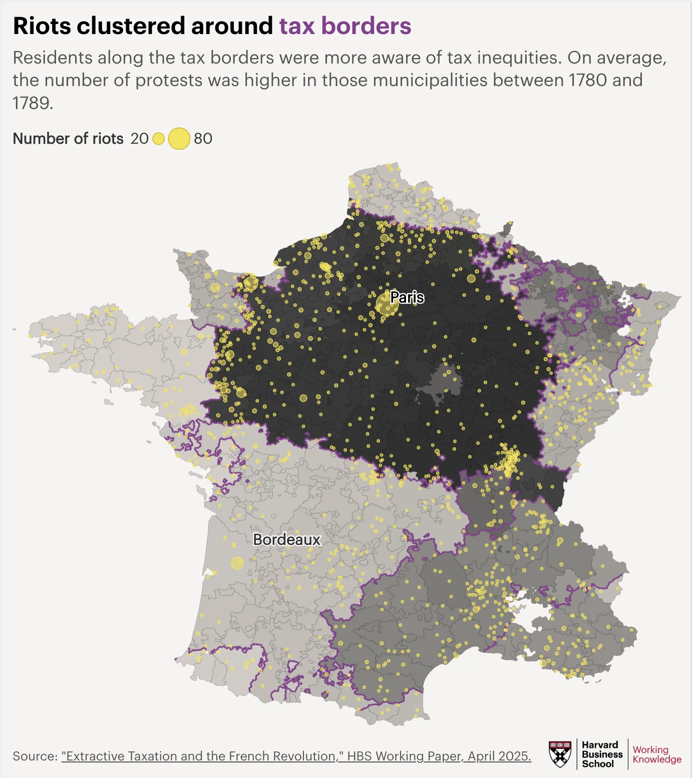 A map of France with clusters of riots visualized around tax borders.
