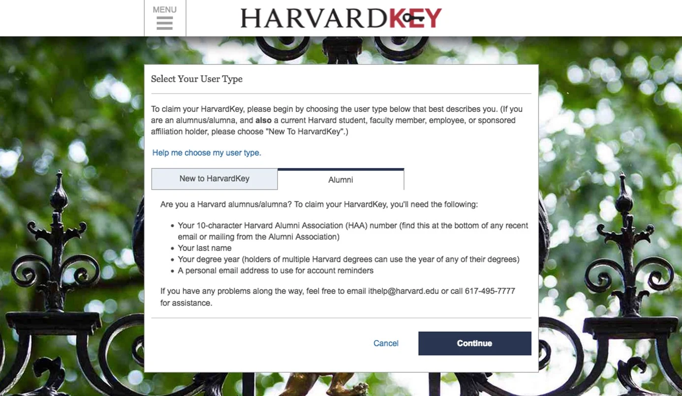 Screenshot from Harvard University IT showing initial screen when visiting https://key.harvard.edu/select-user-type