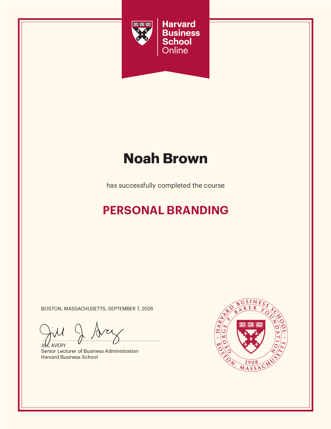 Harvard Business School Online certificate for Personal Branding awarded to John D. Sample.