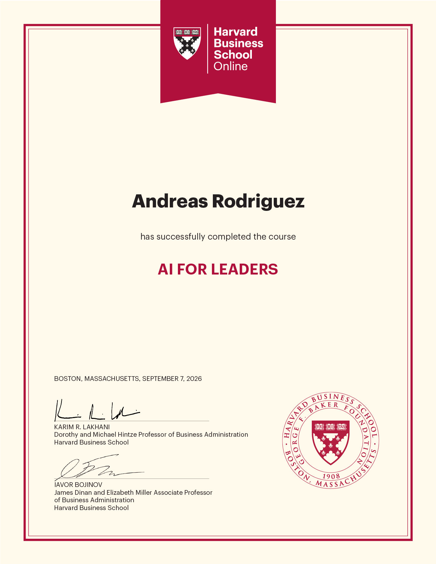 Certificate of completion from Harvard Business School Online awarded to Andreas Rodriguez for AI for Leaders program.