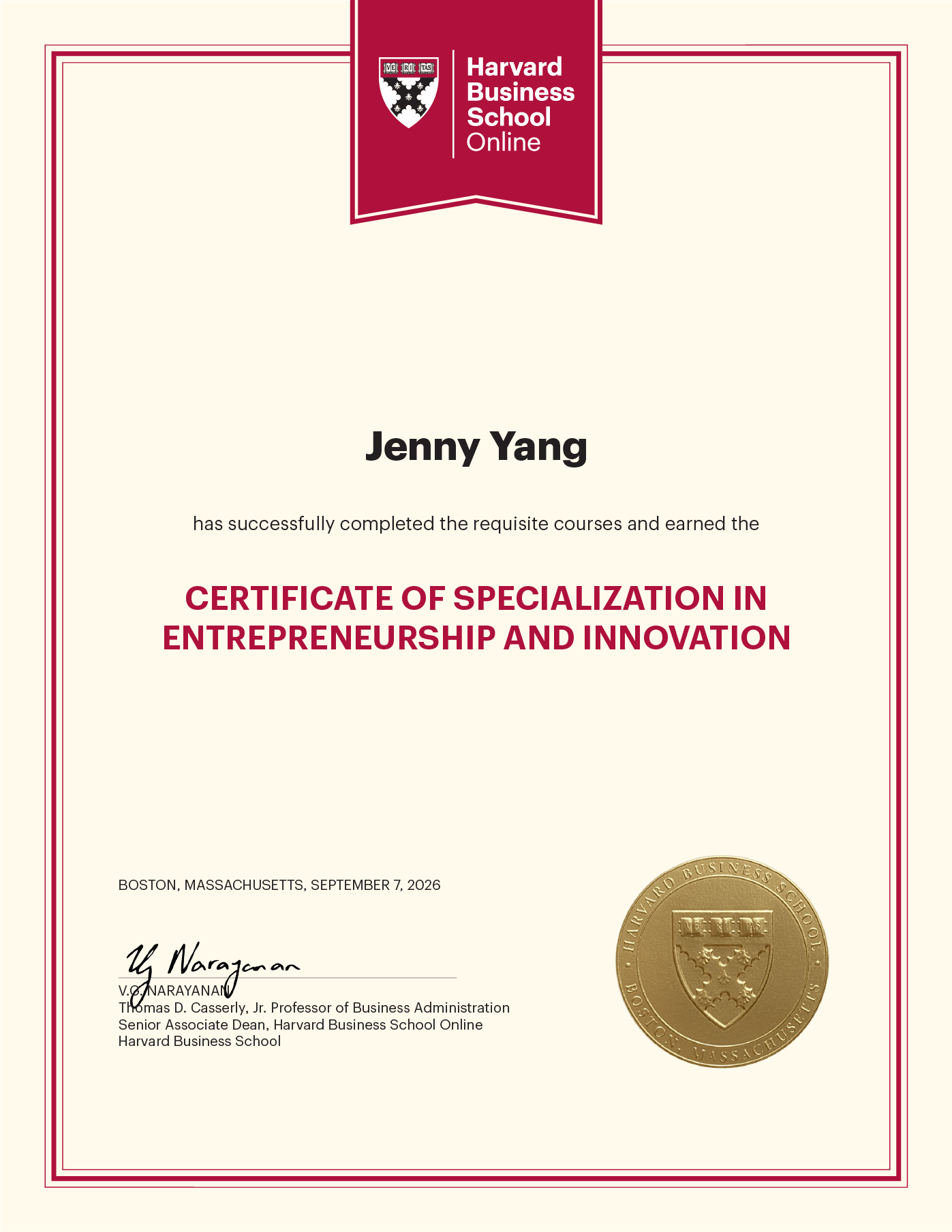Certificate from Harvard Business School Online awarded to Jenny Yang for specialization in Entrepreneurship and Innovation.