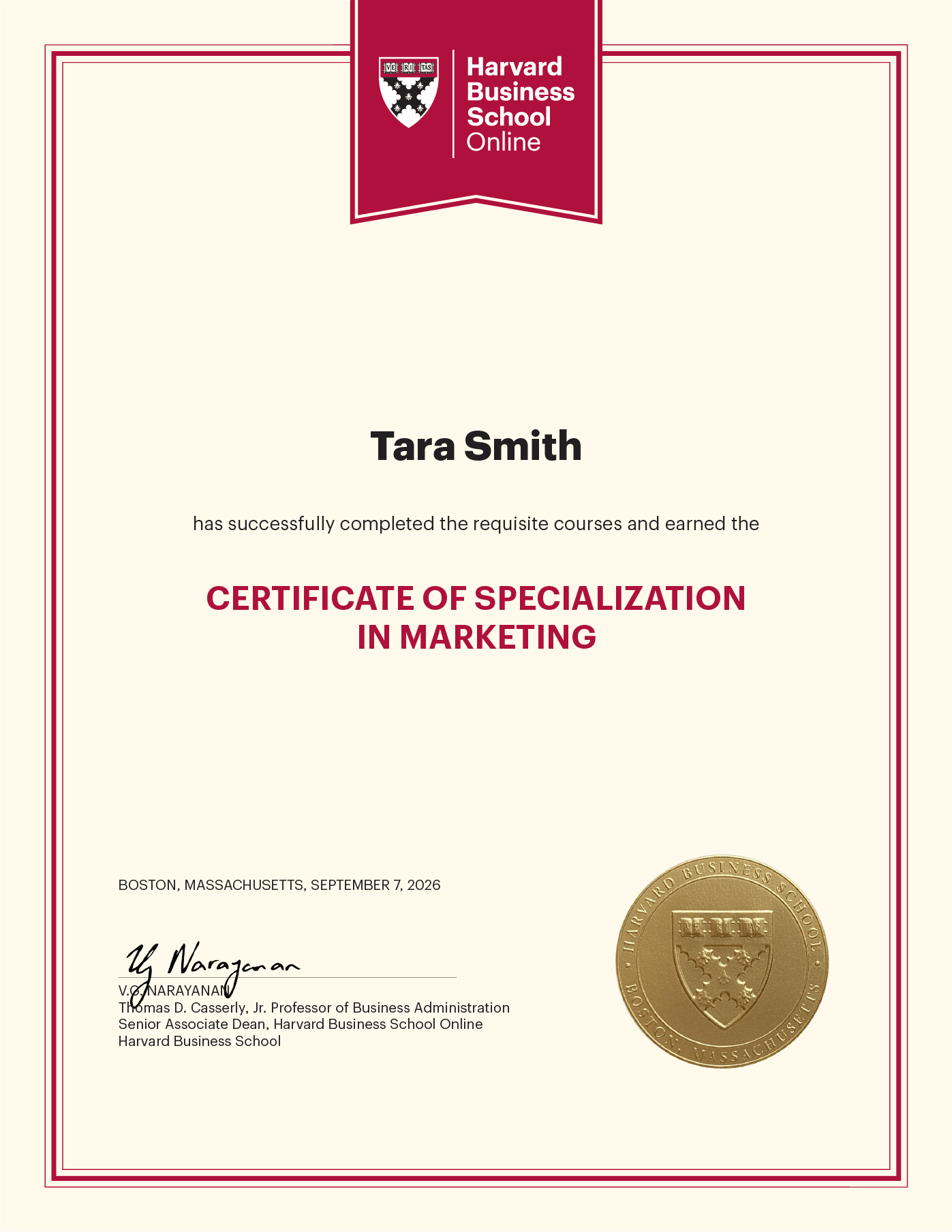 Harvard Business School Online certificate awarded to Tara Smith for specialization in marketing, dated August 26, 2024.
