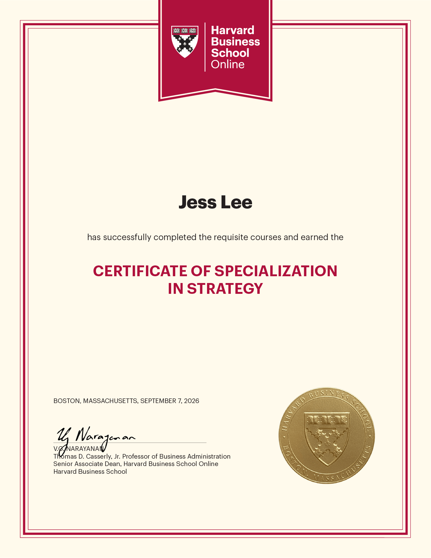 Harvard Business School Online certificate awarded to Jess Lee for earning a Certificate of Specialization in Strategy.