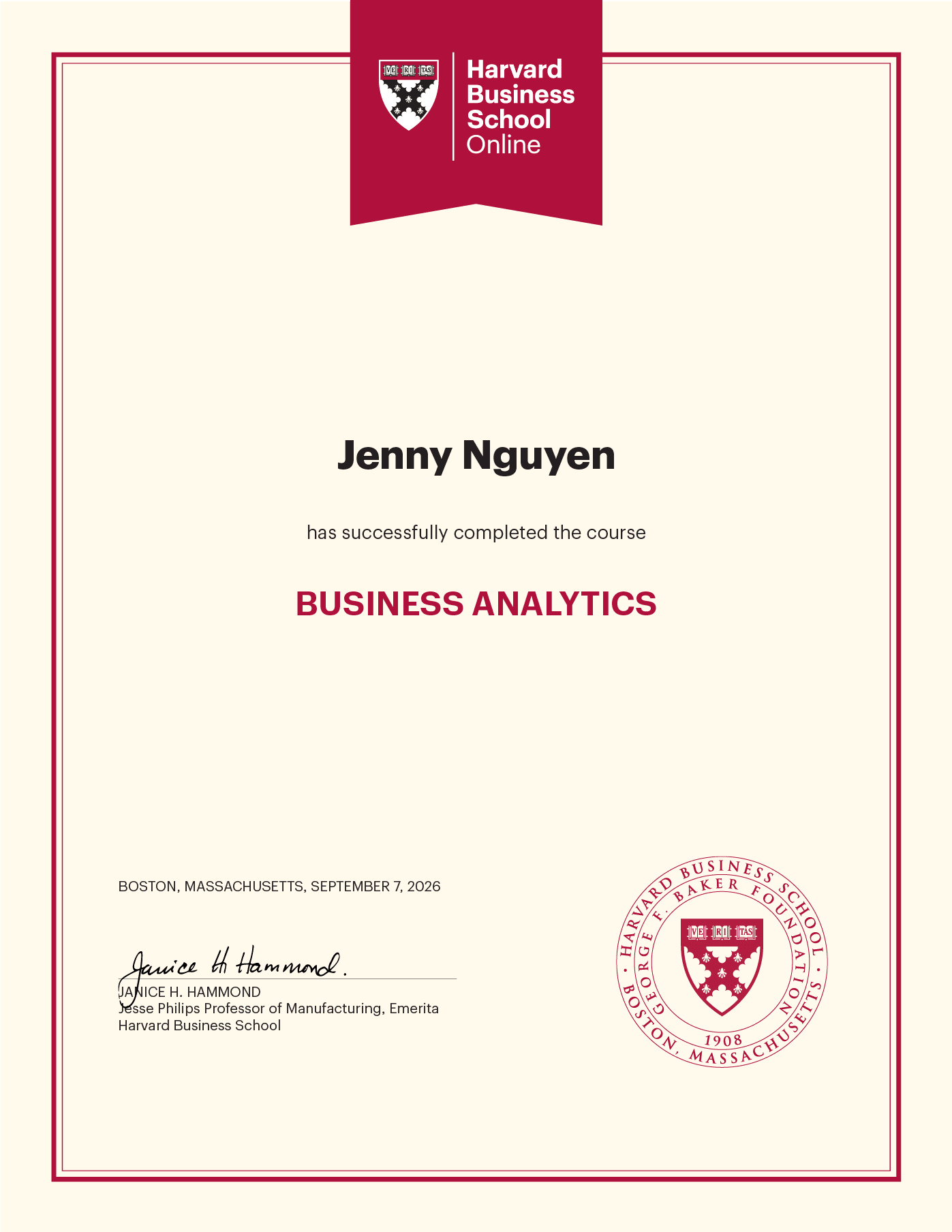 Certificate of completion from Harvard Business School Online awarded to Jenny Nguyen for Business Analytics.