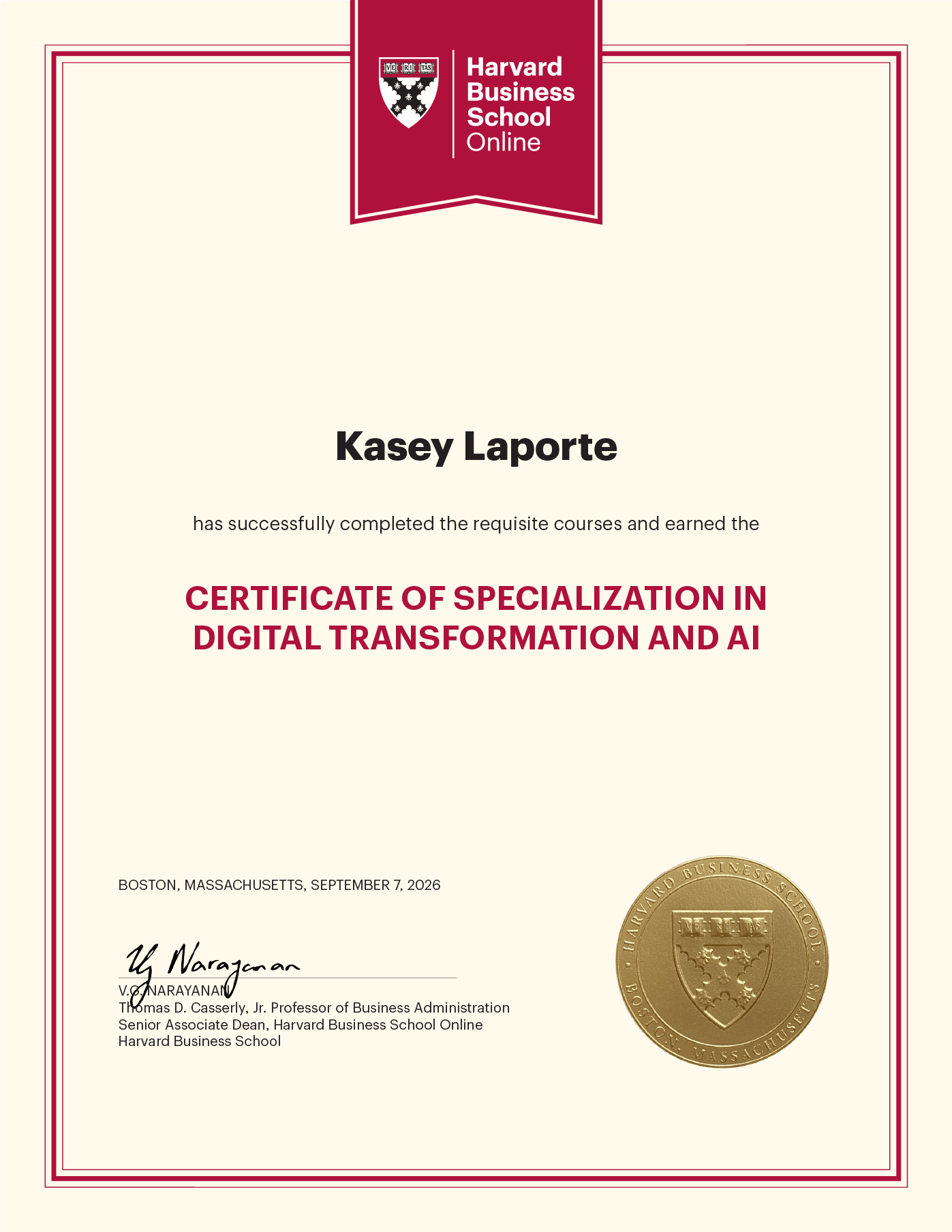 Harvard Business School Online certificate for Kasey Laporte in Digital Transformation and AI.