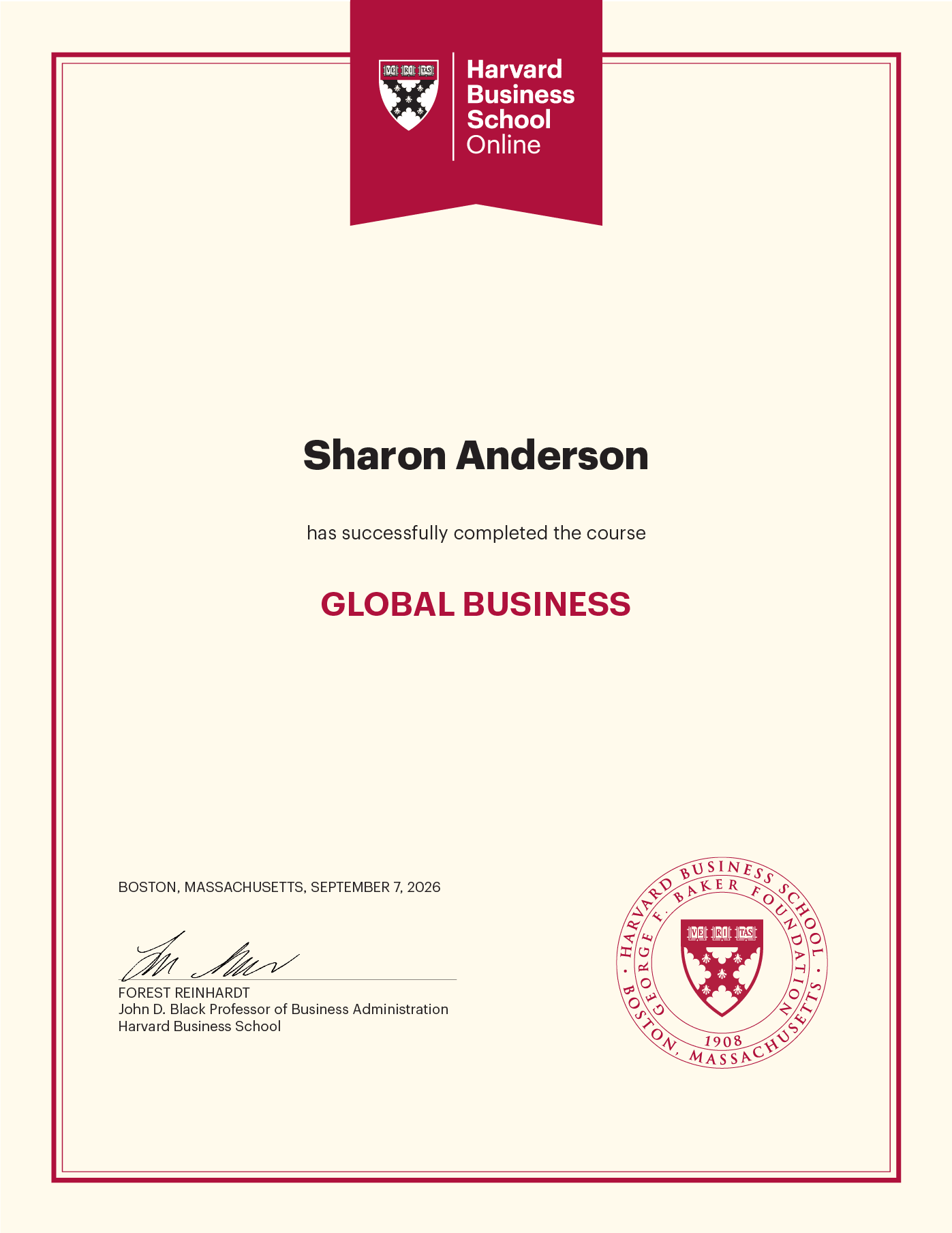 Harvard Business School Online certificate awarded to Sharon Anderson for completing the Global Business program on September 7, 2022.